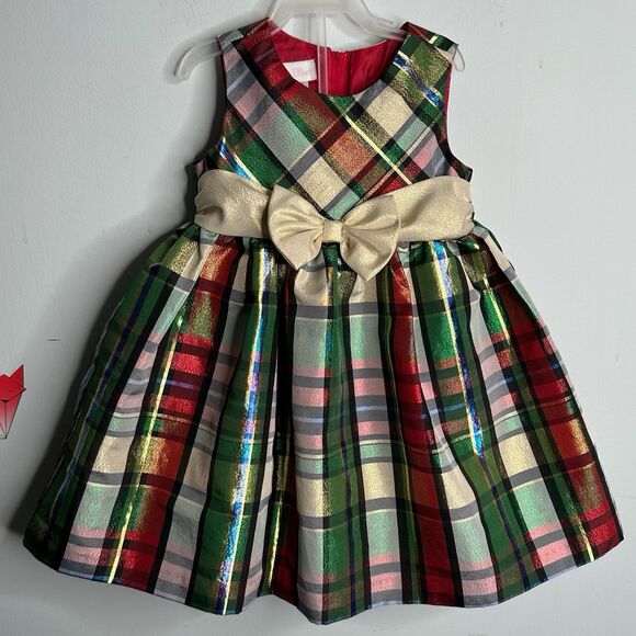 Bonnie Baby Holiday Metallic Shimmery Plaid Dress Gold Bow Size 24 Months - Picture 1 of 7